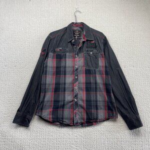 TXT Button up Dress Shirt Dark Plaid Grunge Military Patch Western Men Sz M